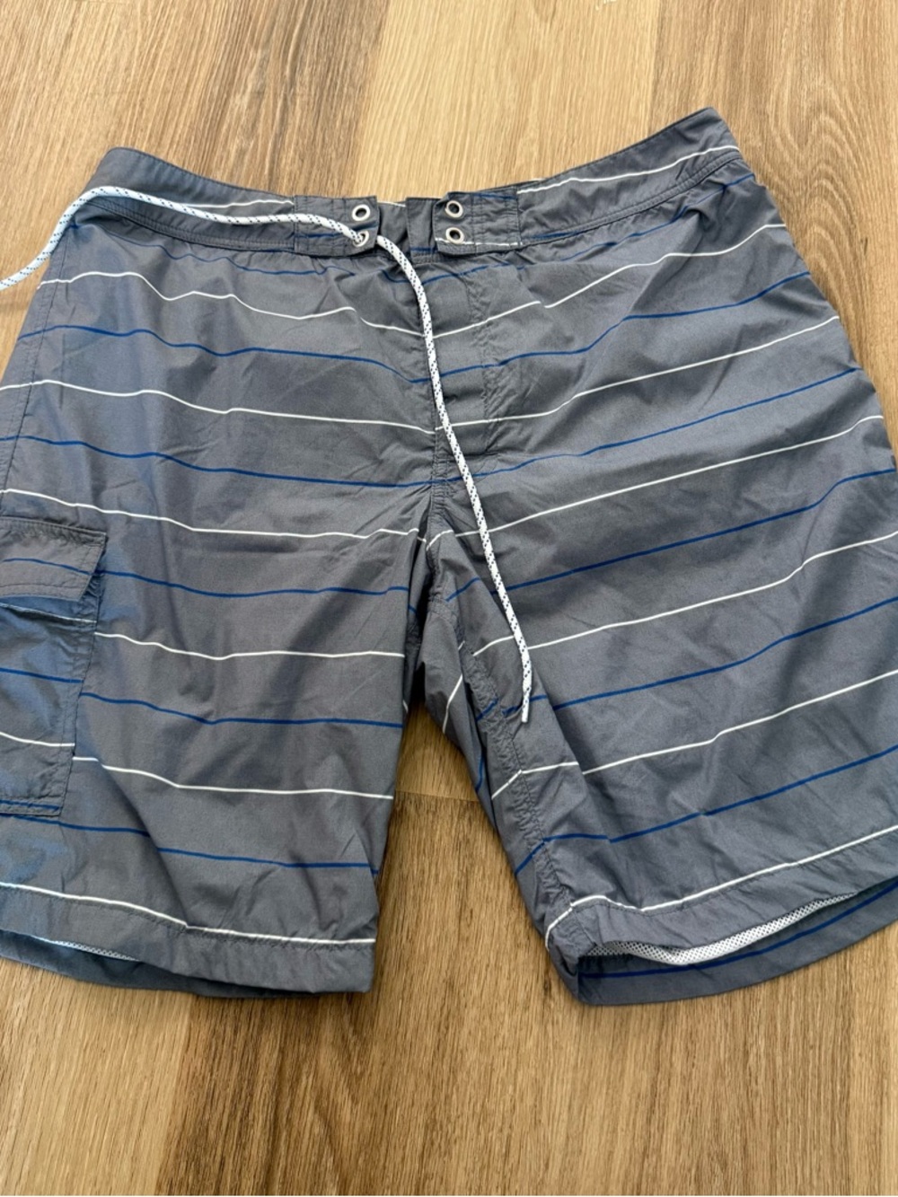 J. Crew Gray Swim Board Shorts with White and Navy Stripes